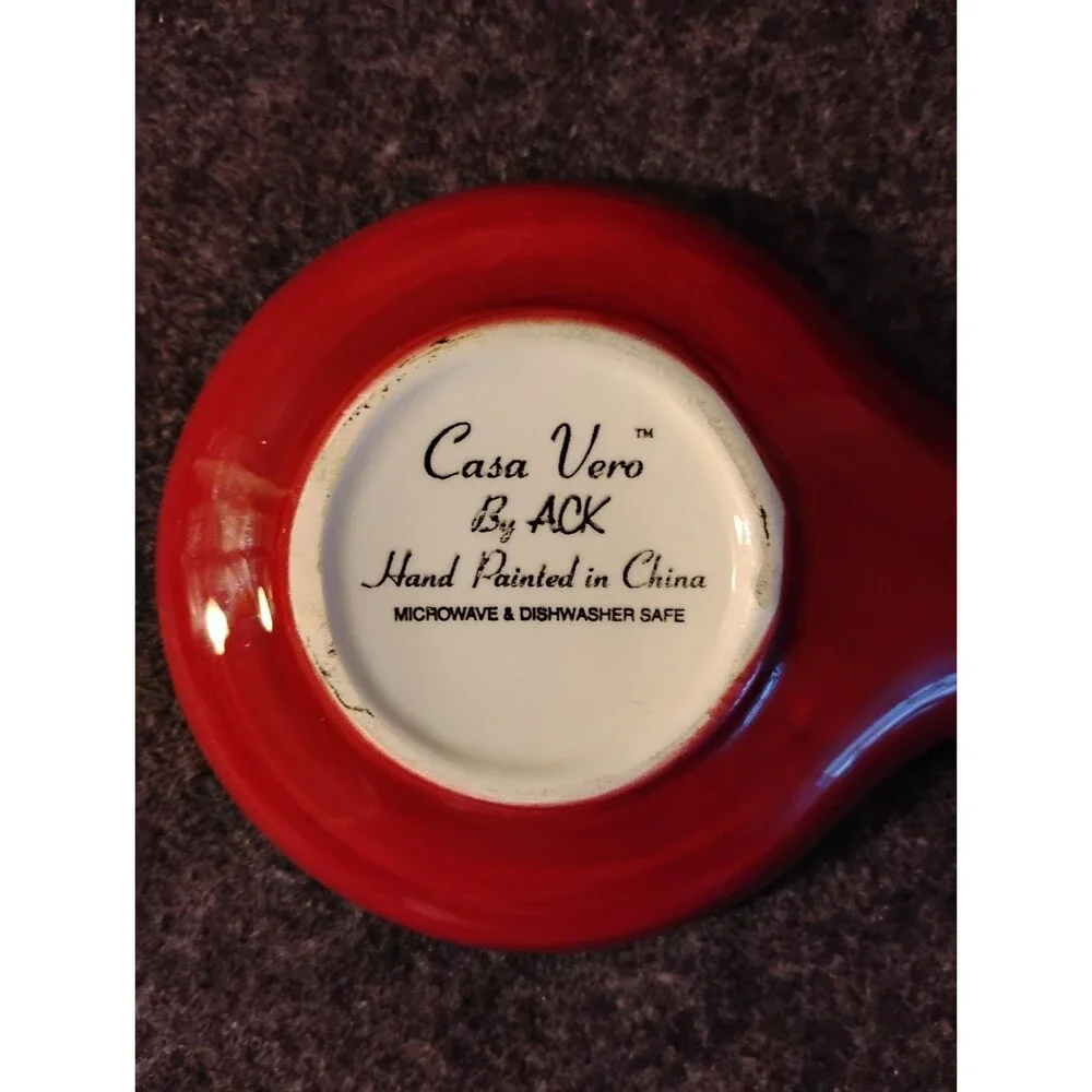 Casa Vero by Ack Ceramic Spoon Rest Holder Hand Painted Green w Red Apple NOTE